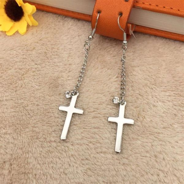 

cross hanging drop charm chain earrings simple fashion rhinestone eardrop girls party jewelry gift for men women stud, Golden;silver