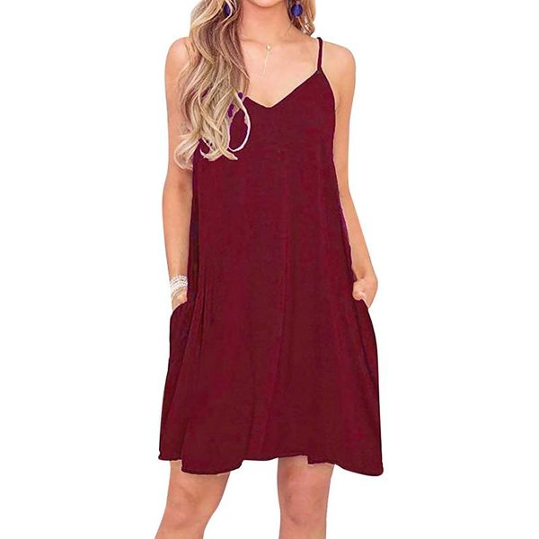 

casual dresses women's summer sleeveless adjustable strap beach mini dress with pockets ladies' solid color v-neck suspender, Black;gray