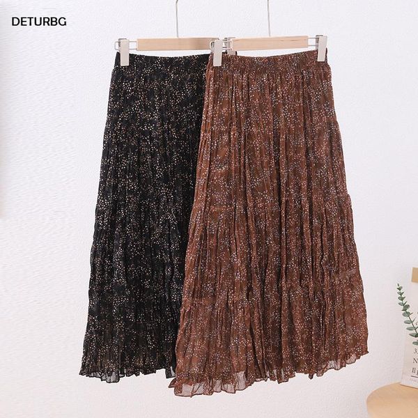 

skirts women's elegant florals print midi skirt with velvet lining ladies high waist black pleated chiffon 2021 spring sk504
