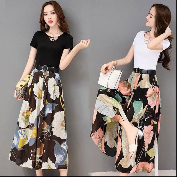 

summer fashion chiffon wide womens tracksuits leg pants t shirt and floral trousers office elegant printed two piece set, Gray