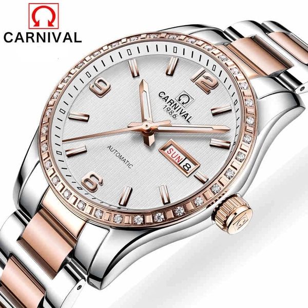 

carnival brand rose gold automatic watch men luxury waterproof fashion lightweight business mechanical clock relogio masculino, Slivery;brown