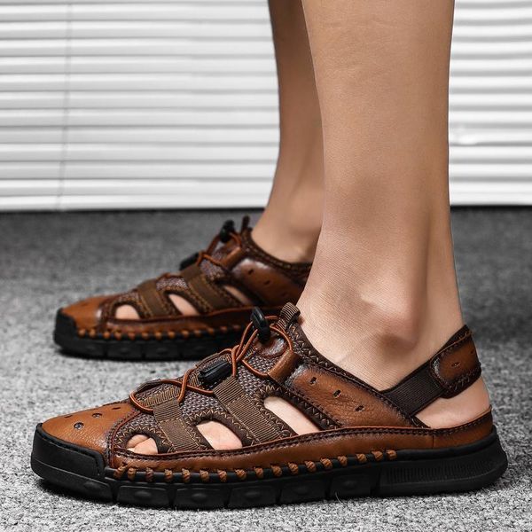 

sandals summer business casual men's men leather splice shoes outdoor male hand stitching wrapped toe beach sandal, Black