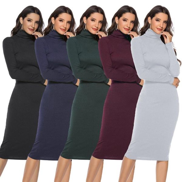 

casual dresses autumn women knitted midi dress high collar long sleeve sweater jumper winter stretch warm bodycon vestido, Black;gray