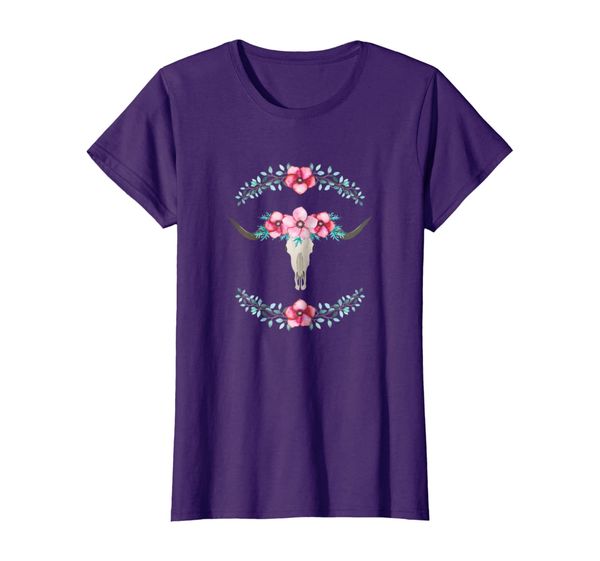 

longhorn skull with flowers tshirt - cow floral western, White;black