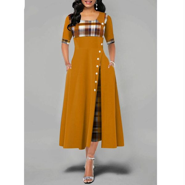 

casual dresses plus size 4xl 5xl women elegant long dress patchwork plaid print party irregular ladies vintage button a-line, Black;gray