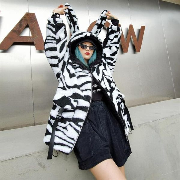 

winter lovely ears hood jackets zebra pattern plush thickened women's cotton padded overasize loose trend cute fleece coat, Black;brown