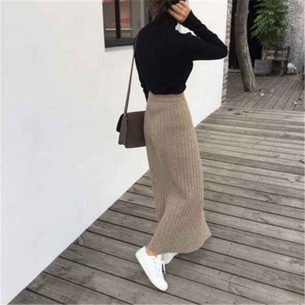 

skirts 2021 autumn winter knitting skirt high waist ol long pencil women open slit knitted casual vintage maxi, Black