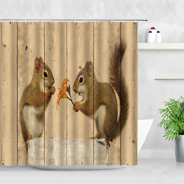 

wild animals squirrel shower curtains flower wood grain backdrop printed waterproof bathroom curtain set screen wall decor cloth