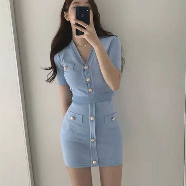

summer 2 piece set designer sweater single-breasted +skirts elegant button up knitted bodycon 210531, White