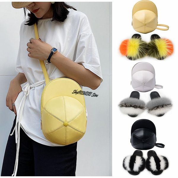 

female shoulder bag hat bags fashion messenger set women's real fur slippers ladies fluffy soft slides colorful furry shoes, Black