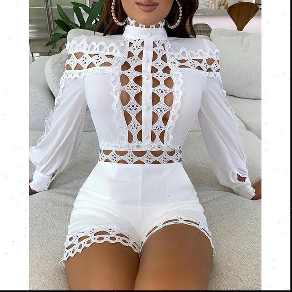 

fashion stand collar lattice women rompers design hollow out, Black;white