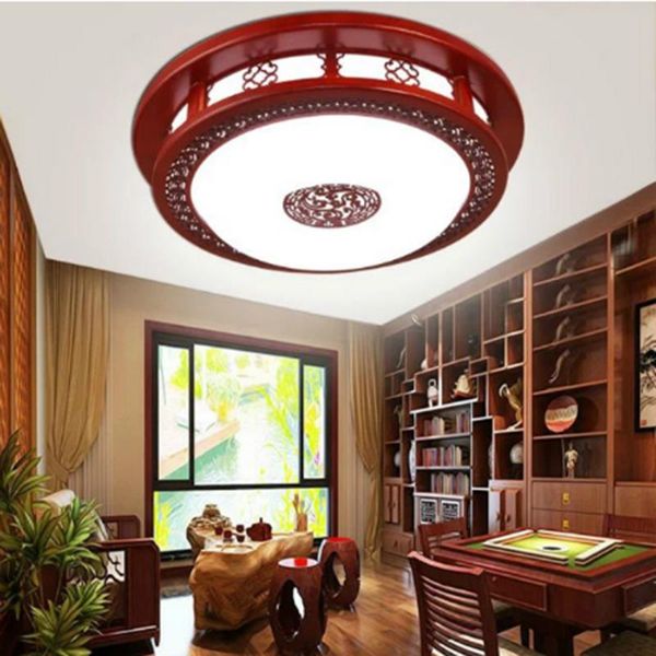 

vintage chinese sculpture red wood led ceiling light fixture home deco living room round antique acrylic lamps 110-240v lights
