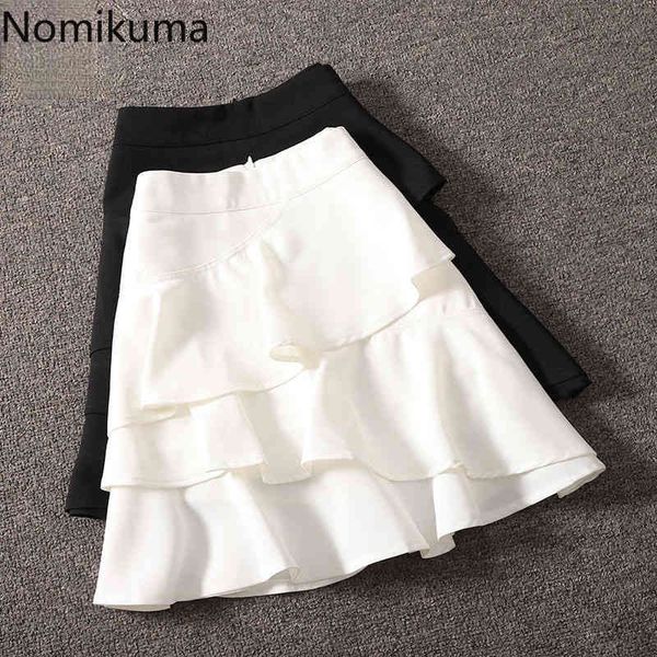 

nomikuma summer ruffle woman skirts high waisted causal a-line mini skirt new solid sweet bottoms faldas mujer moda 6h120 210427, Black
