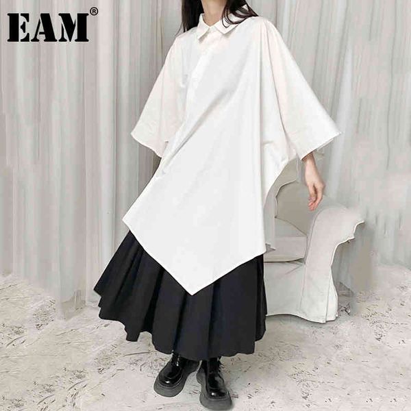 

[eam] women white big size irregular casual blouse lapel batwing sleeve loose fit shirt fashion spring summer 1dd8316 21512