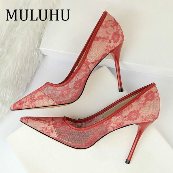 

woman high heel lace thin heeled shoes women's pointed toe shallow reticular hollow out single shoe party dress, Black