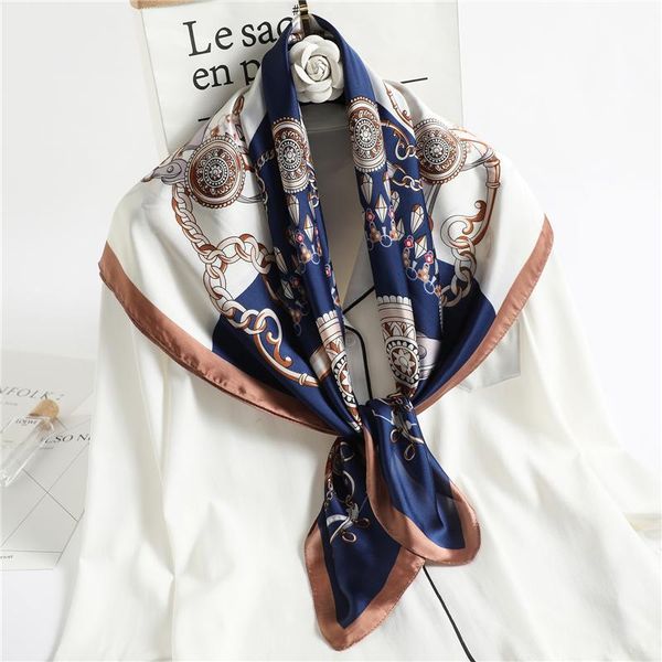 

women silk square scarf foulard neck headband female bandana shawl wrap chain print scarves spring hijab, Blue;gray