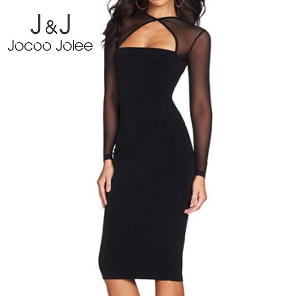 

jocoo jolee elegant black mesh long sleeve patchwork bodycon dress office lady cotton slim dress party night club dress 210518, Black;gray