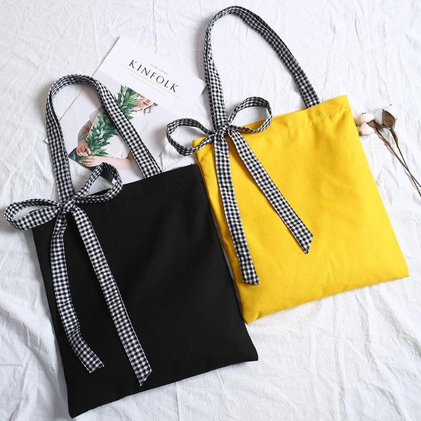 

shopping bags lady ribbon single shoulder daily use totes for girls korean simple bow canvas cloth bag 2021 ins school book