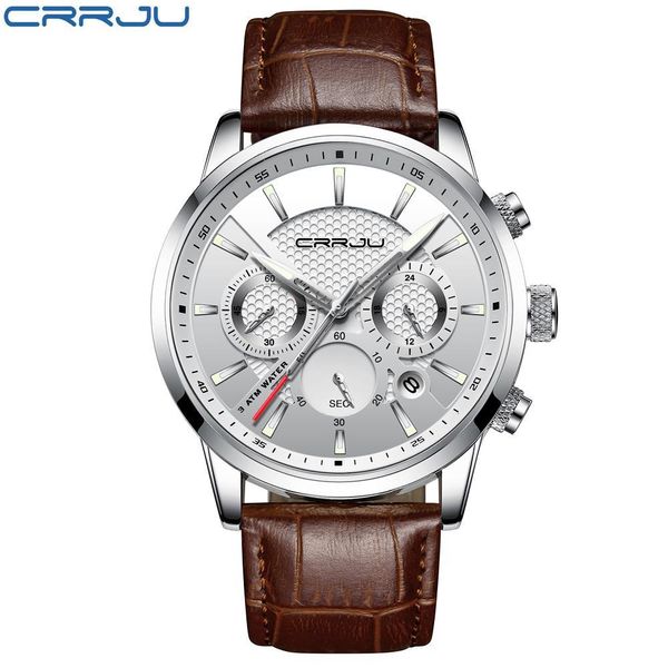 

2021 new seller watch fashion sport quartz clock mens watches crrju brand luxury leather waterproof relogio masculino, Slivery;brown