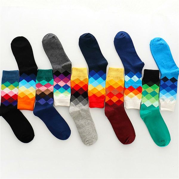 

men's socks colorful diamond lattice fashion combed cotton material 2 pairs, Black