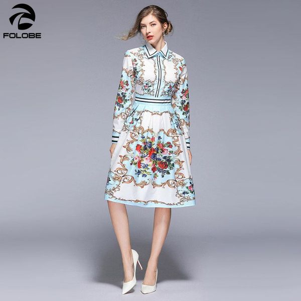 

casual dresses folobe 2021 autumn europe vintage print dress turn-down collar long sleeve pleat office lady knee length, Black;gray