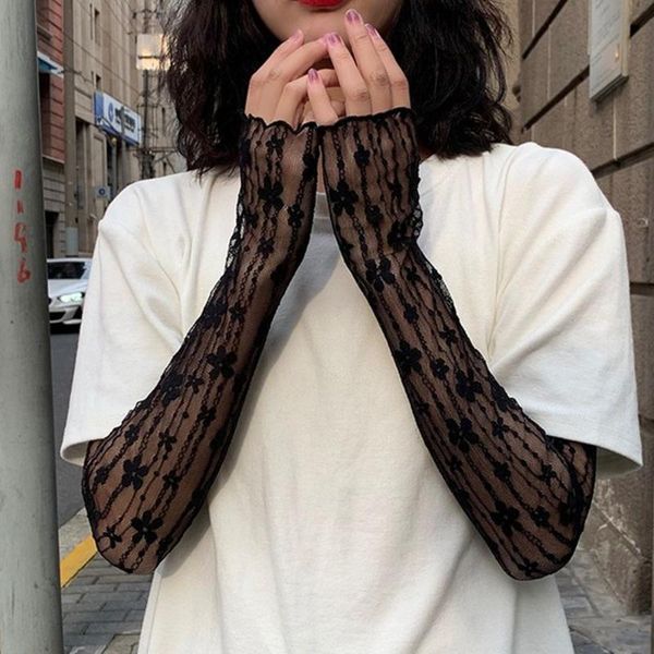 

five fingers gloves lace hollow out fingerless long summer outdoor sunscreen driving cycling thin mesh breathable sleeves women acces, Blue;gray