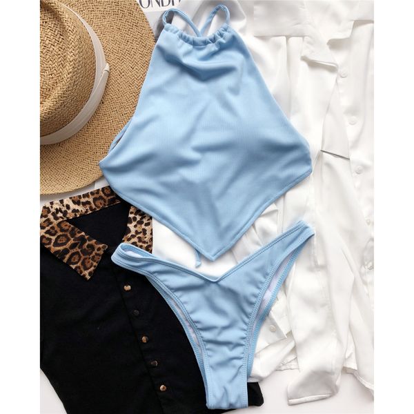 

high ne cross ba high cut ribbed bikini women swimwear female swimsuit two-pieces bikini set bather bathing suit swim k2878