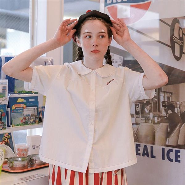 

sweet cute preppy style women shirts summer white cartoon embroidery cotton