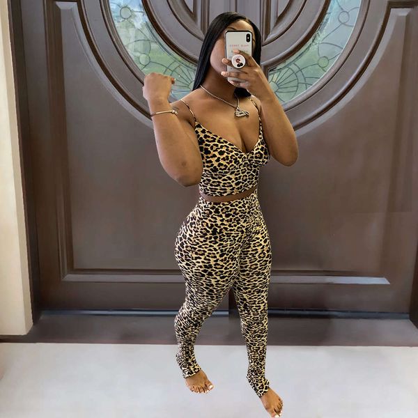 

2021 women's leopard print suspender pant suit tight bag hip two piece set, White
