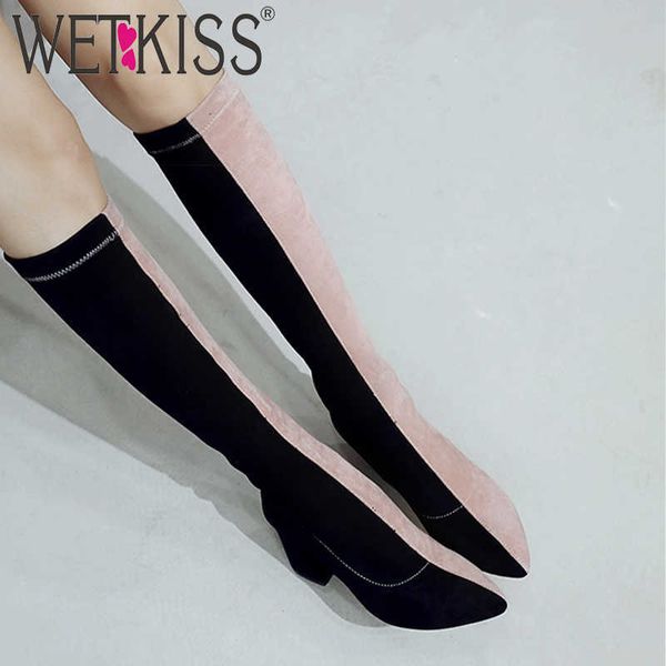 

wetkiss high heels knee high women boots pointed toe footwear fashion party female boot stretch flock shoes woman spring 210630, Black