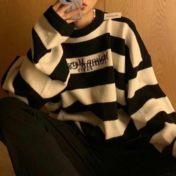 

men's sweaters 2021 autumn striped men sweater high street loose round neck fashion casual elegant women t1134, White;black