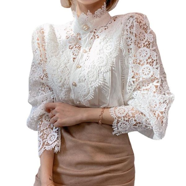 

women's blouses & shirts fashion hollow out flower lace blusas patchwork shirt women all-match blouse chic button white femme