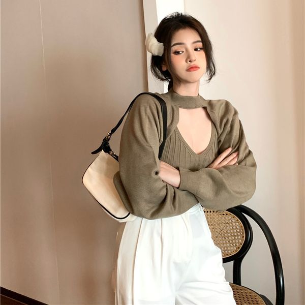 

2pcs women clothing set 2021 spring autumn sweaters cardigan womens +v neck tank womens outwear sweater coats (r99430), White;black
