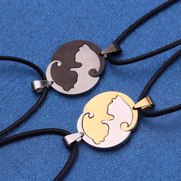 

cute cat puzzle hug pendant necklace couple jewelry man leather rope chain pair collar necklaces, Silver