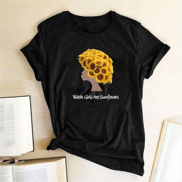 

black girls are sunflowers print womens girl hair graphic tee funny femme shirts short sleeve harajuku mujer camisetas, White
