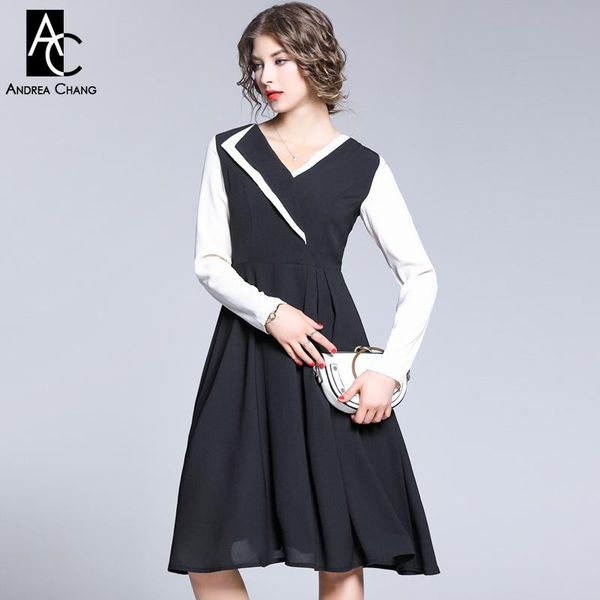 

casual dresses s-xxl autumn winter woman dress white sleeve black ball gown v-neck asymmetric chest over knee calf length fashion, Black;gray