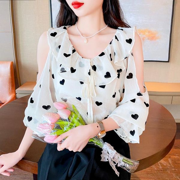

women's blouses & shirts 2021 vintage off shoulder shirt women chiffon fashion blouse female ruffles chic thin, White