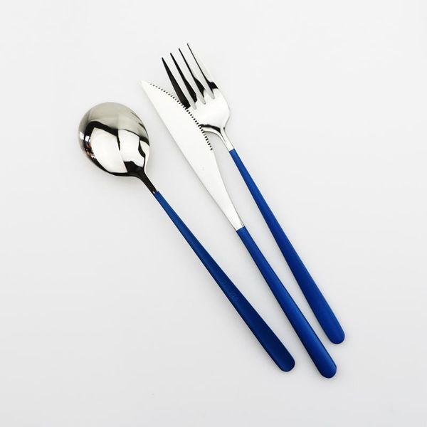 

3-piece blue-silver travel cutlery stainless 304 eco-friendly portable steel dinnerware set korean colorful spoon fork knife sets