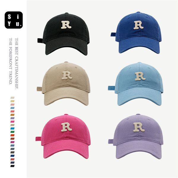 

r letter hat soft flat cap ins cotton versatile baseball caps, Blue;gray