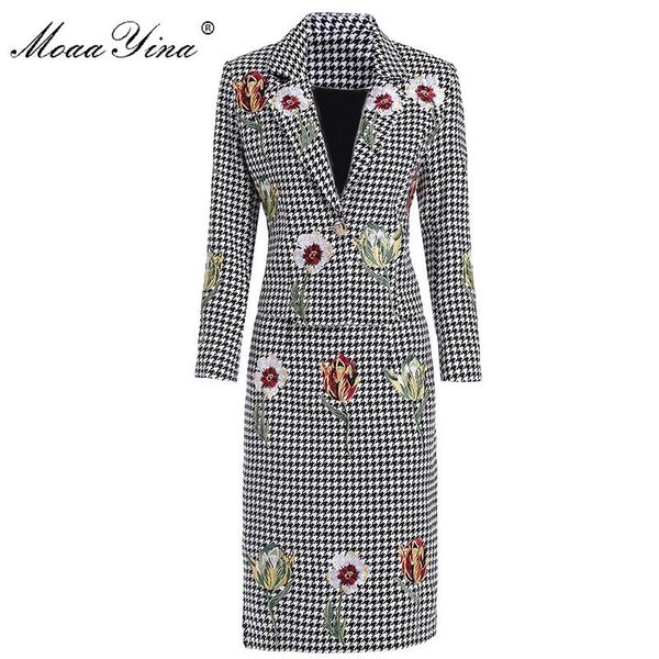 

two piece dress moaayina fashion suit spring women long sleeve houndstooth flowers embroidery woolen cloth +skirt elegant two-piece set, White