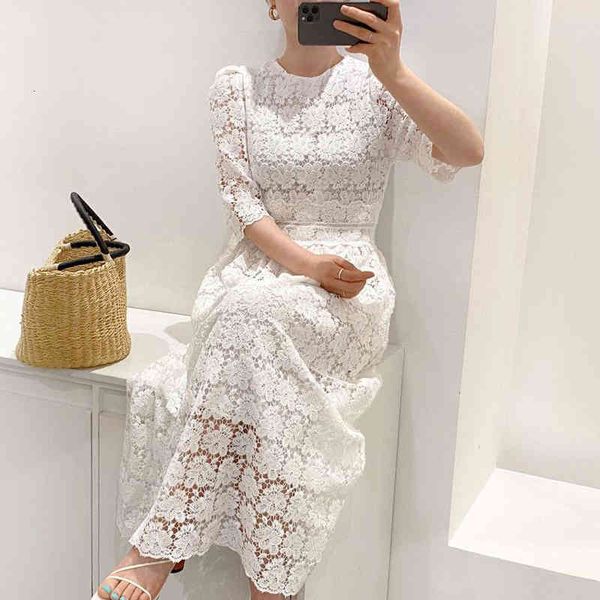 

casual dresses soft round neck women heavy industry lace crochet vestidos hollow out show thin high waist half long es j9nb, Black;gray