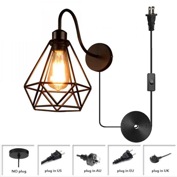 

wall lamp metal cage lights with on/off switch plug-in sconce, industrial black lamp, vintage wire lighting