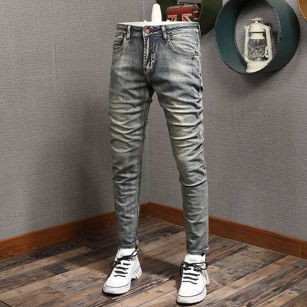 

italian style fashion men jeans retro vintage designer ripped for slim fit elastic cotton denim pants g15v, Blue