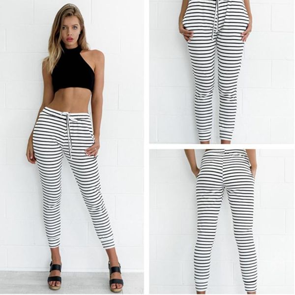

women's pants & capris summer colorblock casual lace mid waist stripe sports leggings polyester w419, Black;white