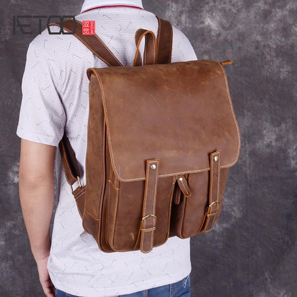 

backpack aetoo vintage mad horse leather shoulder bag, men's travel backpack, large-capacity women's handmade bag