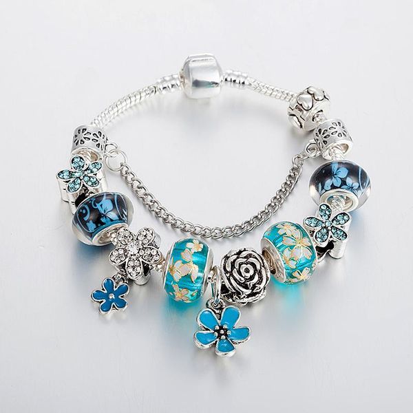 

charm bracelets annapaer blue flower beads for jewelry making series charms & bangles glass women b17149, Golden;silver
