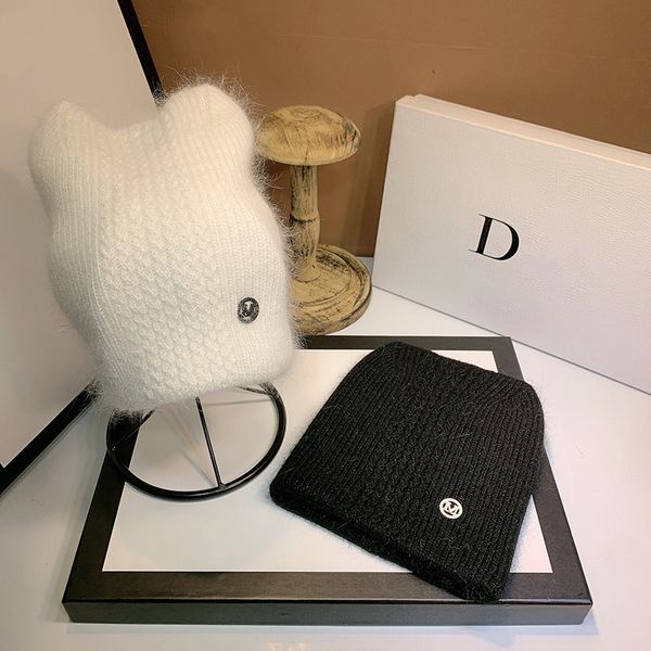 

french rabbit hair knitted letter standard wool versatile warm hat winter ear protection hat, Yellow