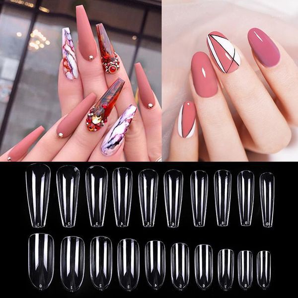 

500pcs/box clear white long full cover false nail tips detachable plastic nails with box fake tools1, Red;pink