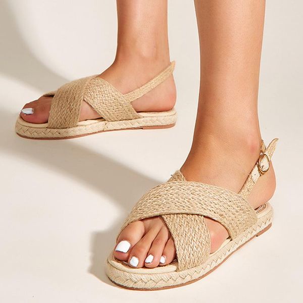

sandals summer women flats solid color cross strap sandalias chaussures femme buckle outdoor beach shoes for 2021, Black