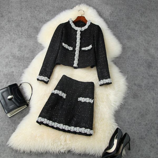 

autumn beading tweed luxury two garments all female fashion set from vintage coat and short mini skirt suit y020, Black